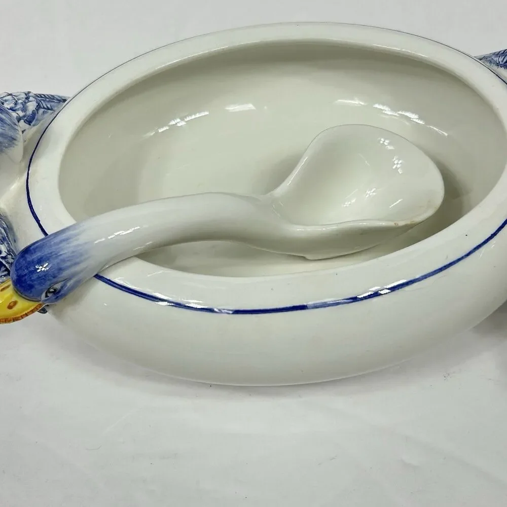 Blue White Ceramic Duck Tureen Ladle Lid Made in Italy Country Farmhouse Decor